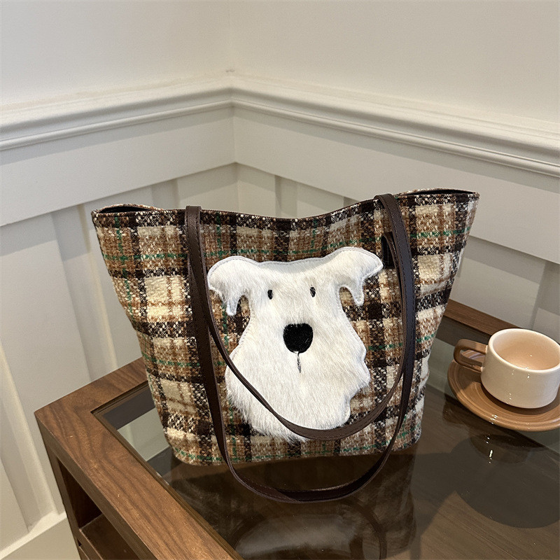 Tas Tote Wanita Kapasitas Besar, Tas Tote Wanita, Tas Kotak-kotak Wol Kapasitas Besar