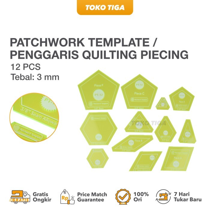 

Penggaris Quilting Piecing / Patchwork Template Set Isi 12 (PT-12)