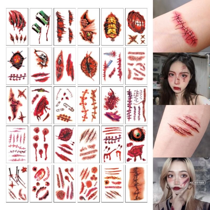 Costum TERMURAH 30 pcs Tato Luka Stiker Tato temporer untuk make up cosplay helloween Prank Terluka