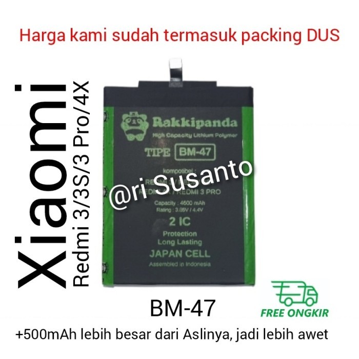 Baterai Rakkipanda BM47 for Xiaomi Redmi 3/3S/3 Pro/4X Double Power