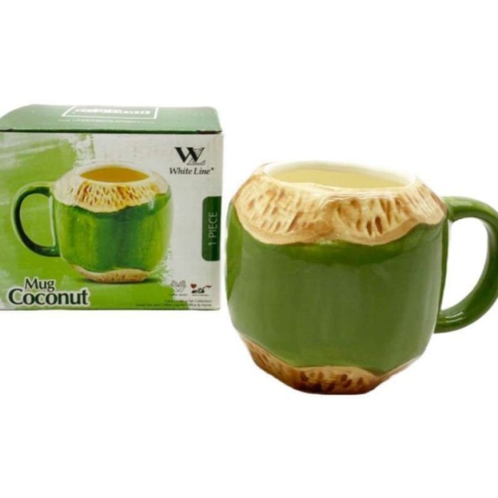 GELAS MUG CANGKIR KERAMIK KELAPA COCONUT MUG WHITE LINE