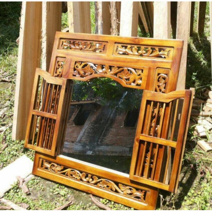 Cermin Dekorasi Krepyak Jendela Kaca Hias jati Ukir