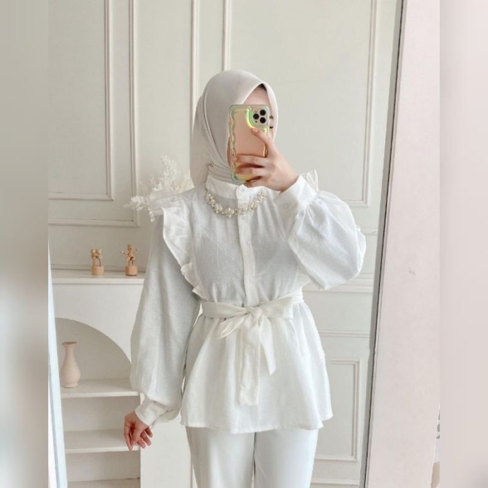BISA KIRIM LANGSUNG  Fuji Blouse Ruffle Premium Kemeja Atasan Wanita Crinkle - Putih
