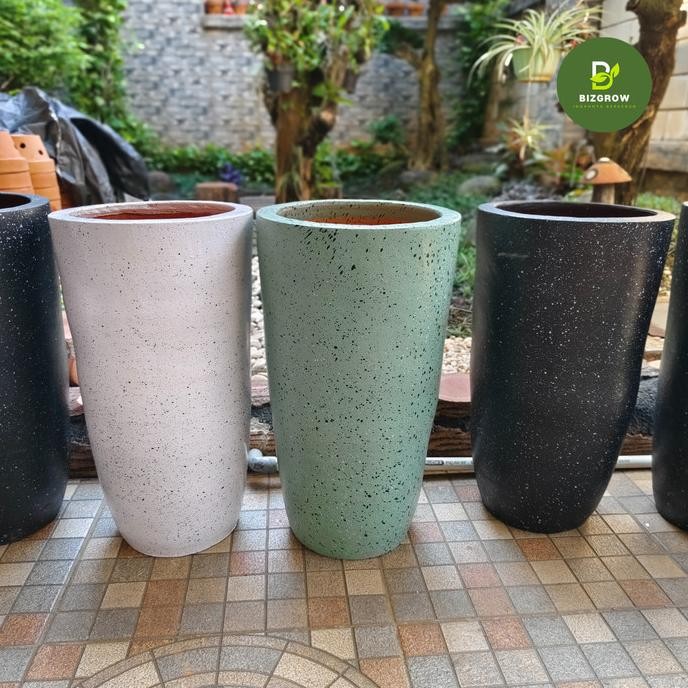 Pot Kapsul Silinder 30x60cm | Pot Tanah Liat Motif Terazzo Teraso | Pot Tanaman Gerabah Jumbo Tinggi