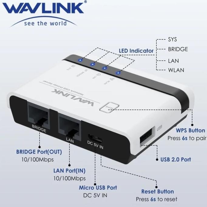 NEW WAVLINK WL-NU516U1 WIRELES USB PRINT SERVER WIFI 2.4G 10/100Mbps