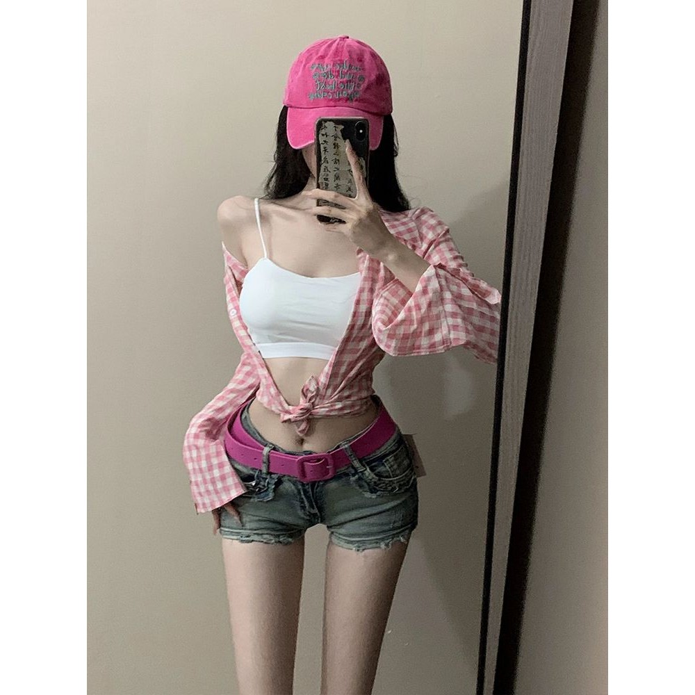 [Cream Winnie]Setelan wanita celana pendek denim kemeja kotak-kotak merah muda seksi