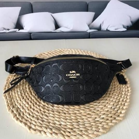 COACH WOMEN'S WAISTBAG BLACK EMBOSSED SHOULDER BAG WAISTBAG SLING BAG TAS BAHU SELEMPANG WANITA PERE