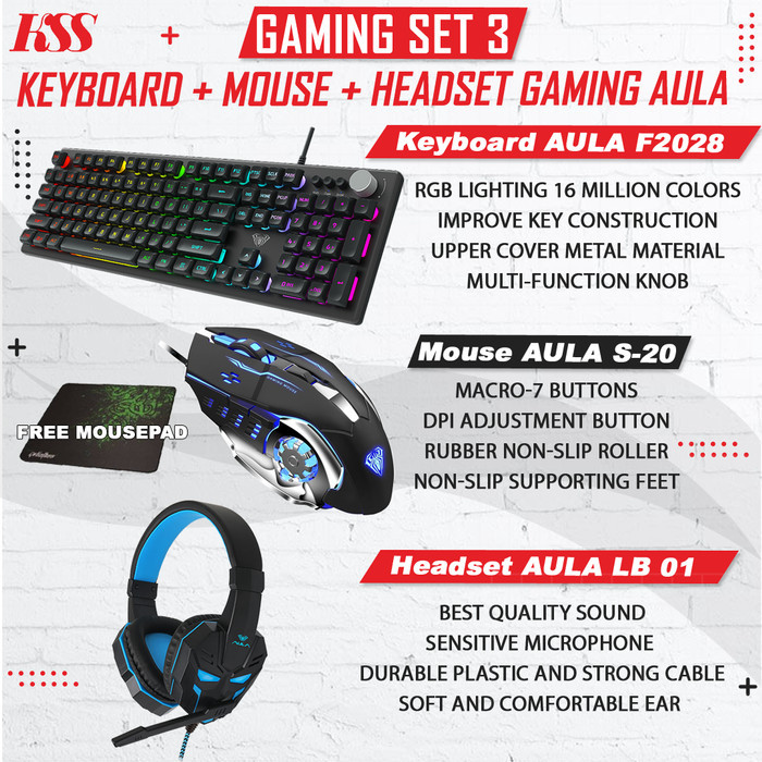 [Gaming SET 3] AULA Keyboard F2028 + Mouse S20 + Headset AULA LB 01