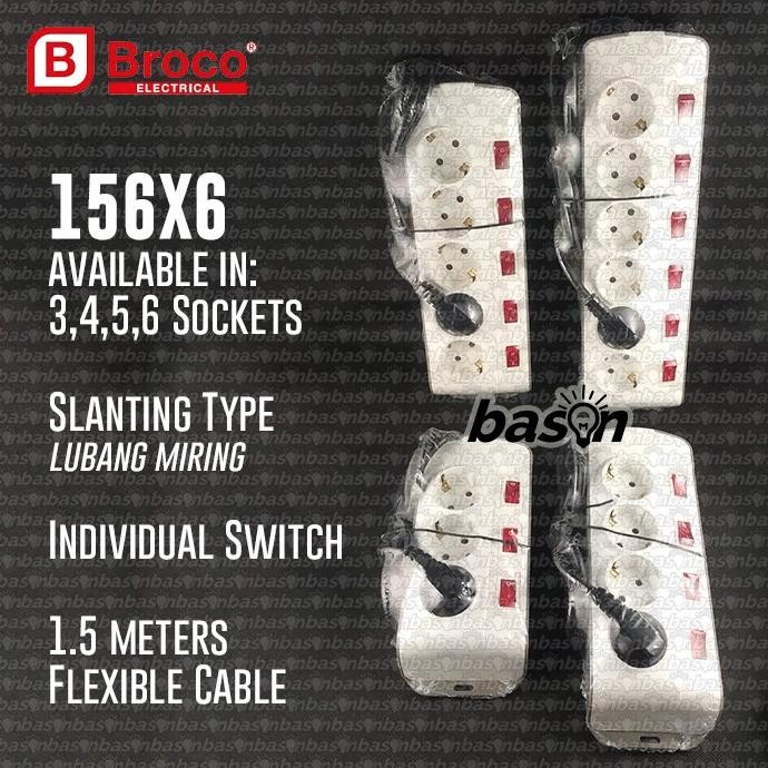 Original BROCO 15656 Stop Kontak Arde 5 Lubang Kabel 1.5Meter Saklar Individual