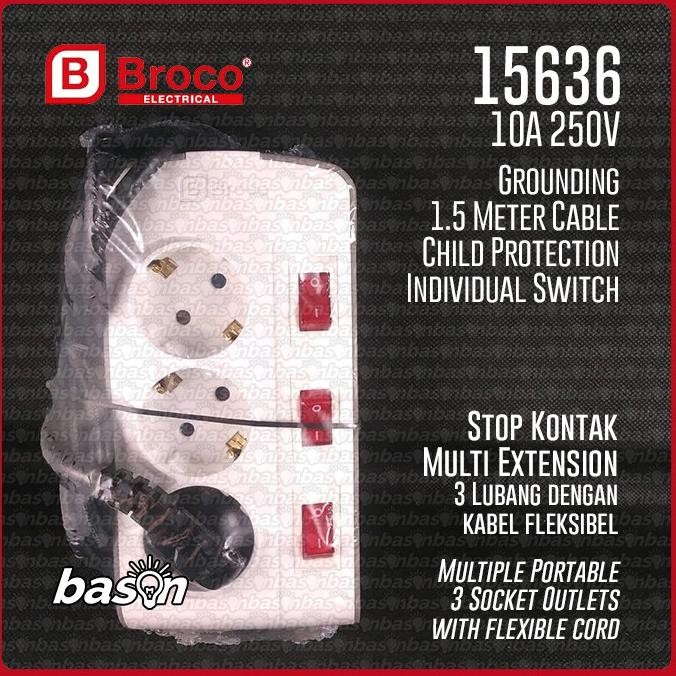 sale broco 15636 stop kontak arde 3 lubang kabel 1.5meter saklar individual