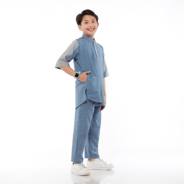 Baju Koko Anak Baju Setelan Koko Kurta Anak Laki laki Usia 5 Sampai 14 Tahun - Denim, M adem lembut 