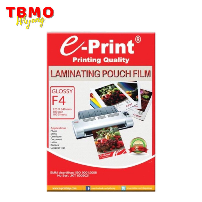 

TBMO Plastik Laminating E-Print / Laminating Pouch Film F4 100 Lembar