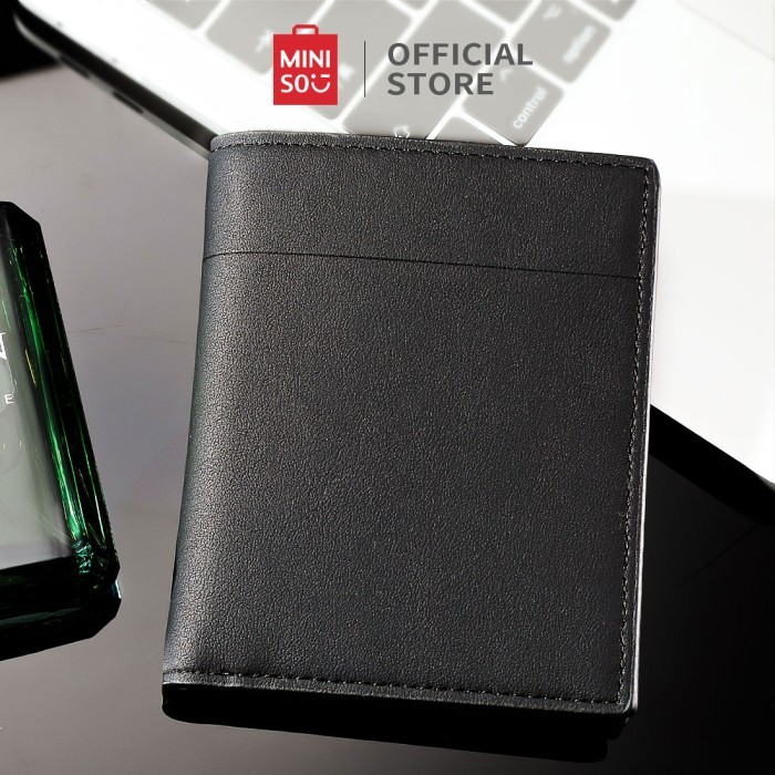 Free Ongkir MINISO Dompet Pria Cowok Lipat Kecil Pendek Vertical Wallet Kulit - Hitam