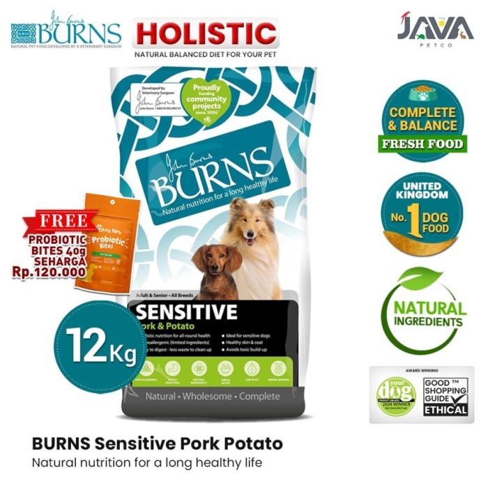 Burns Sensitive Pork & Potato Dog Food Adult & Senior 12kg - Makanan Anjing Holistic 12kg