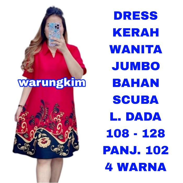 Lellay - Dress Scuba Wanita Jumbo Natal Imlek Sincia Merah Hijau Ld 110 120 130