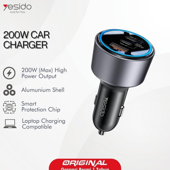 YESIDO 200W Car Charger Dual PD Type-C QC Laptop Macbook Fast Charging