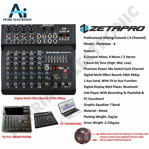 ORIGINAL ZETAPRO PERTAMAX 6 Mixer Audio Bluetooth Soundcard 6 Channel