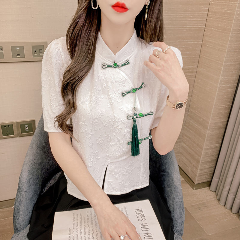 Blus Lengan Pendek Wanita, Atasan Kancing Simpul China Tidak Beraturan Lengan Puff Rasa Desain Lenga