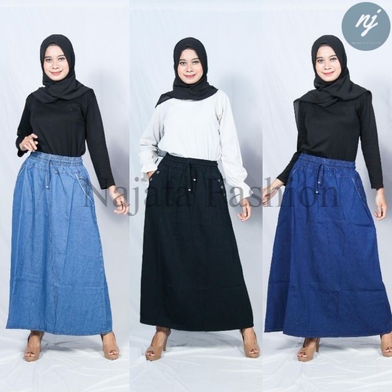 Mjeans Style - Rok Jeans Panjang Wanita Rok Jeans Terbaru Pinggang Karet korean style Jumbo Hitam