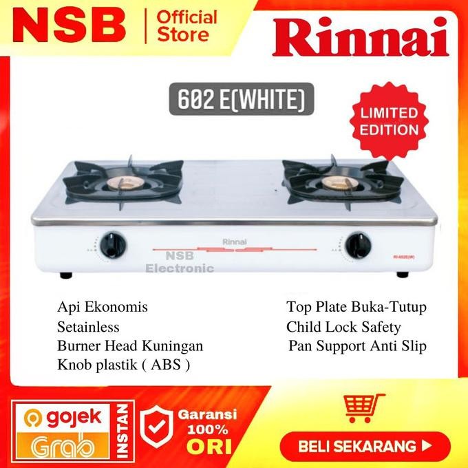 Kompor gas rinai rinnai 2 tungku stenlis stainless RI-602EW putih
