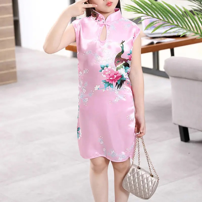 Pakaian Cheongsam Anak 2025 Dreas Gaun Merah Sanghai Simple Mididress Shanghai Baju Imlek Model Terb