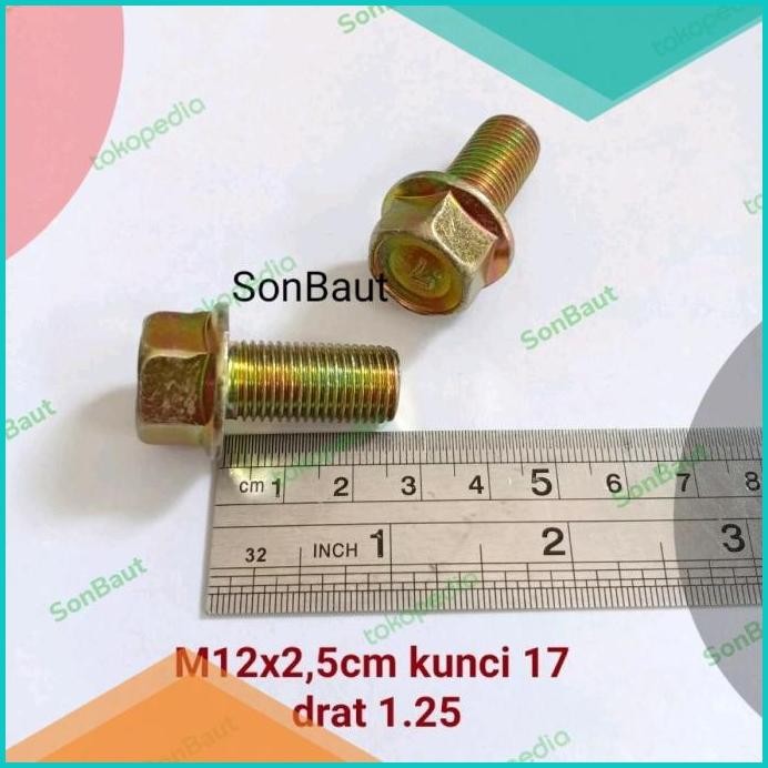 Baut Topi 17 2.5cm kunci 17 Flange bolt M12x25 12x25 drat halus 1.25 0