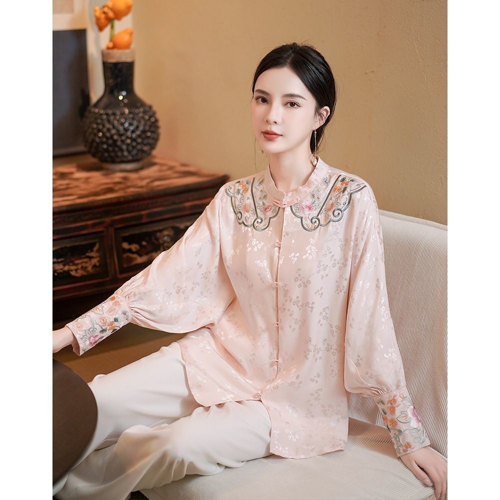 Setelan Baju Wanita Lengan Panjang, Baju Wanita Gaya China Baru, Kerah Boneka Lengan Panjang, Baju W