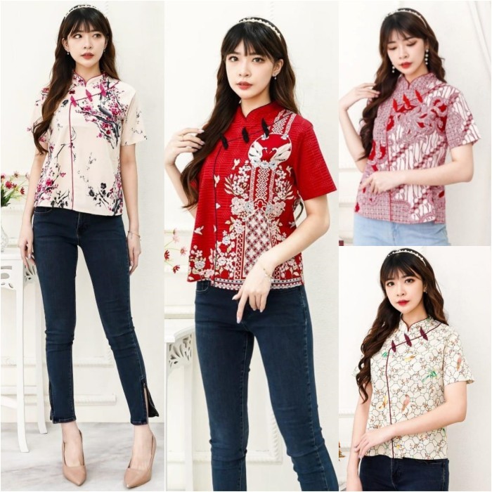 Atasan Imlek Wanita Baju cheongsam Blouse Blus Batik Lengan Pendek