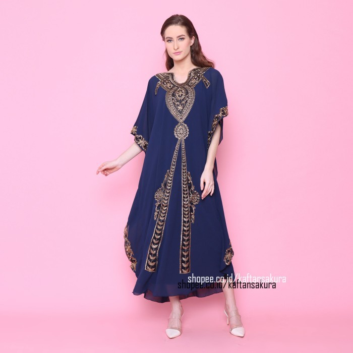 Kaftan kaftan lunamaya bordir mewah warna pink bahan siffon cantik xxl jumbo - navy kekinian premium
