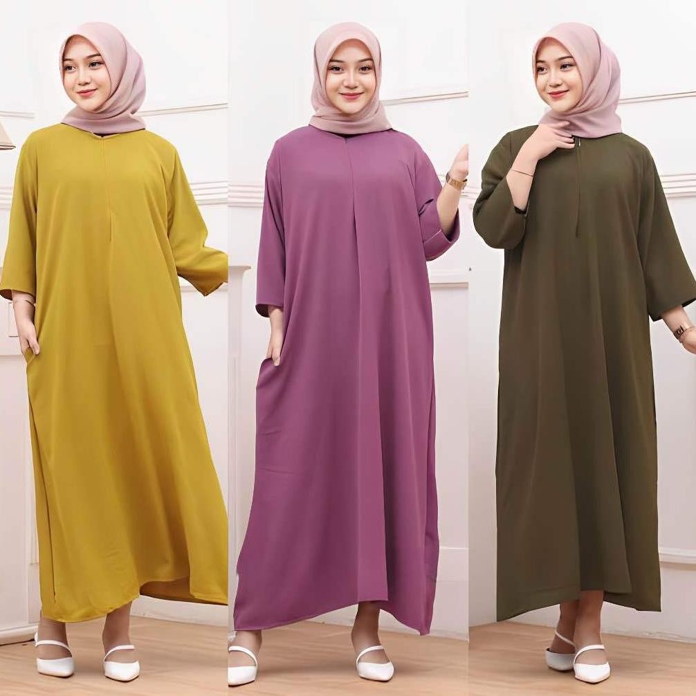 Dress Gamis Daster Tunik Crinkle Airflow s Busui Lengan 3/4 Baju Gamis Panjang Santai Harian Rumahan