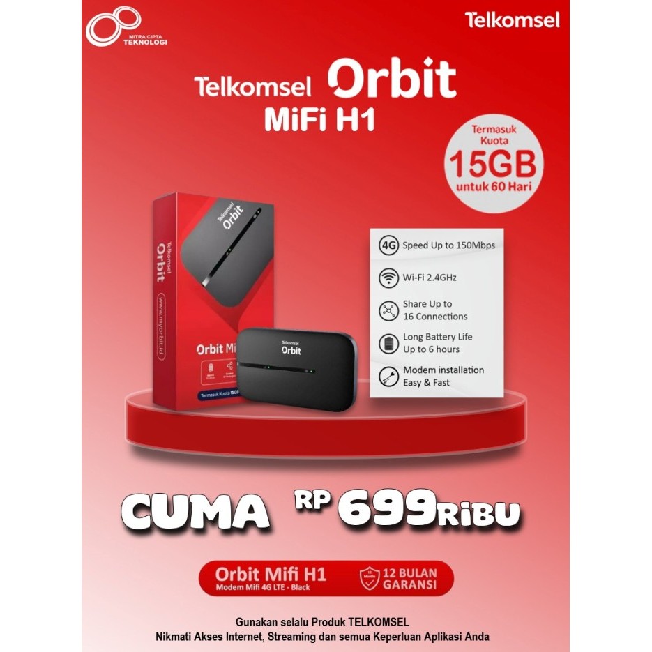 Telkomsel Orbit Mifi H1 Portable Modem Wifi 4G Include kuota 150 GB