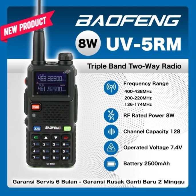 HT BAOFENG BAOFENG UV-5RM 8 Wat / HT Tri Band BAOFENG TERBARU