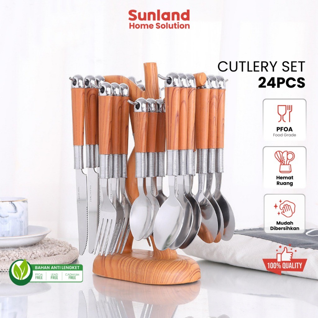 Sendok Cutlery Set 24pcs Wooden Handle Sendok Garpu Pisau Set Sultan / Sendok Pohon Caspian Set