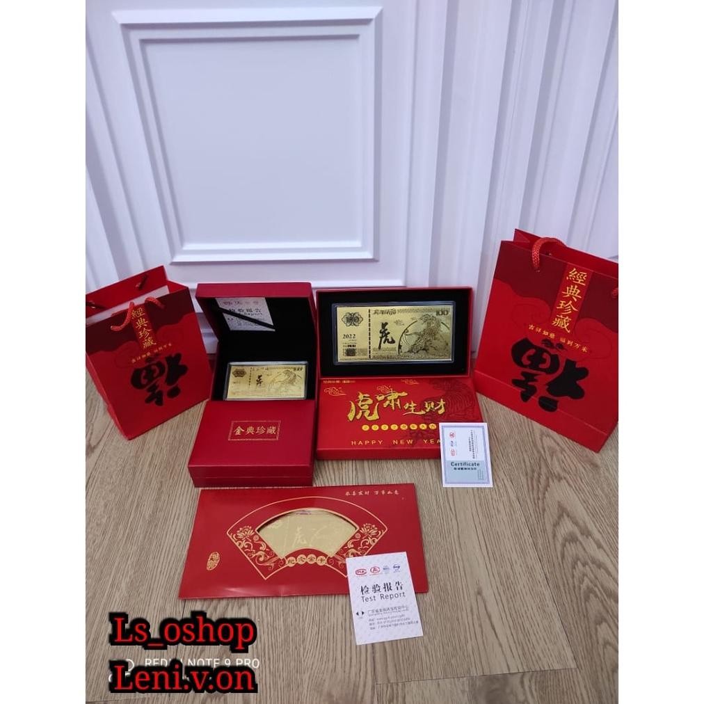 

GHT Hadiah / Souvenir imlek / Kado Imlek Angpao Emas lembar + kotak + Bag + Sertifikat