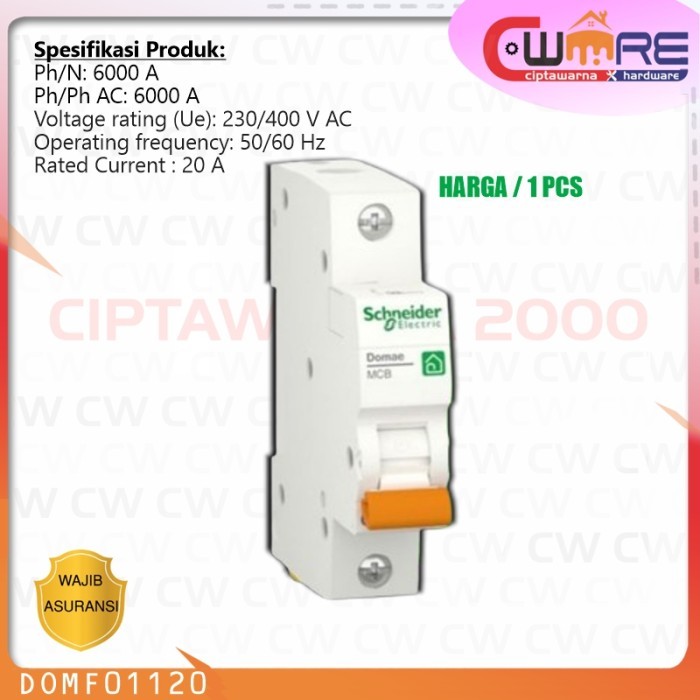 :0:0:0] 20A DOMAE MCB SAKLAR PROTEKSI LISTRIK 1P C 20A 6000A DOMF01120 SCHNEIDER