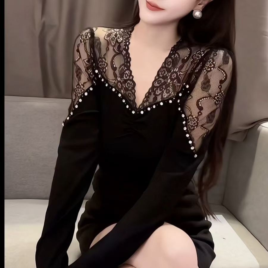 Baru Wanita V Kerah Renda Jahitan Berlian Imitasi T Baju Kaos