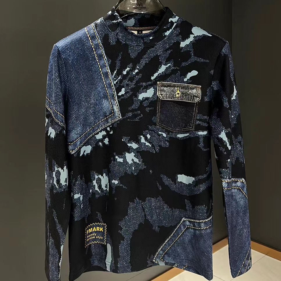 Denim Wanita Motif, Lengan Panjang T Baju Kaos