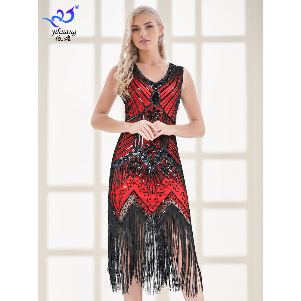 Vintage Sequined Tassel Dress High-End Dress Ball Dance Dress Host Sequin Dress Toast Party Dance Dr