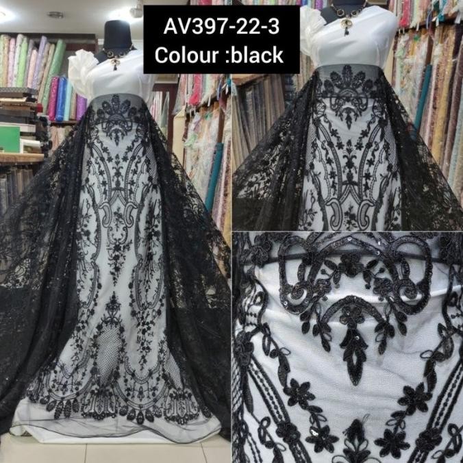 paling diminati] Kain Tile Brokat Etnik Payet Batu Akar Bridal AV397-22-3 Hitam