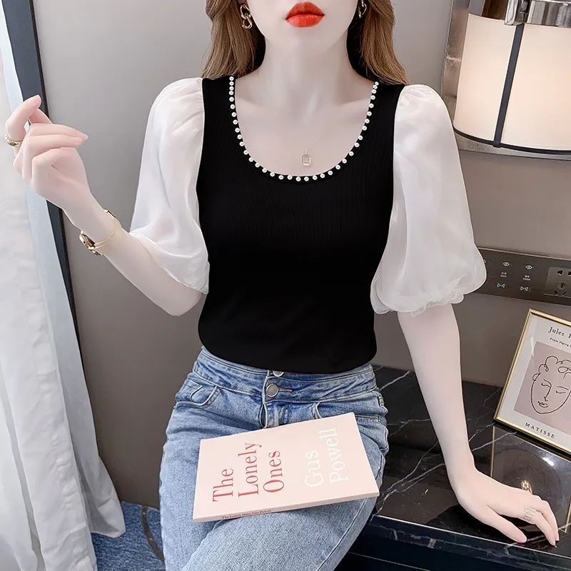 New Fashion Puff Sleeve Pearl u Collar Short Sleeve T Women's T-shirt