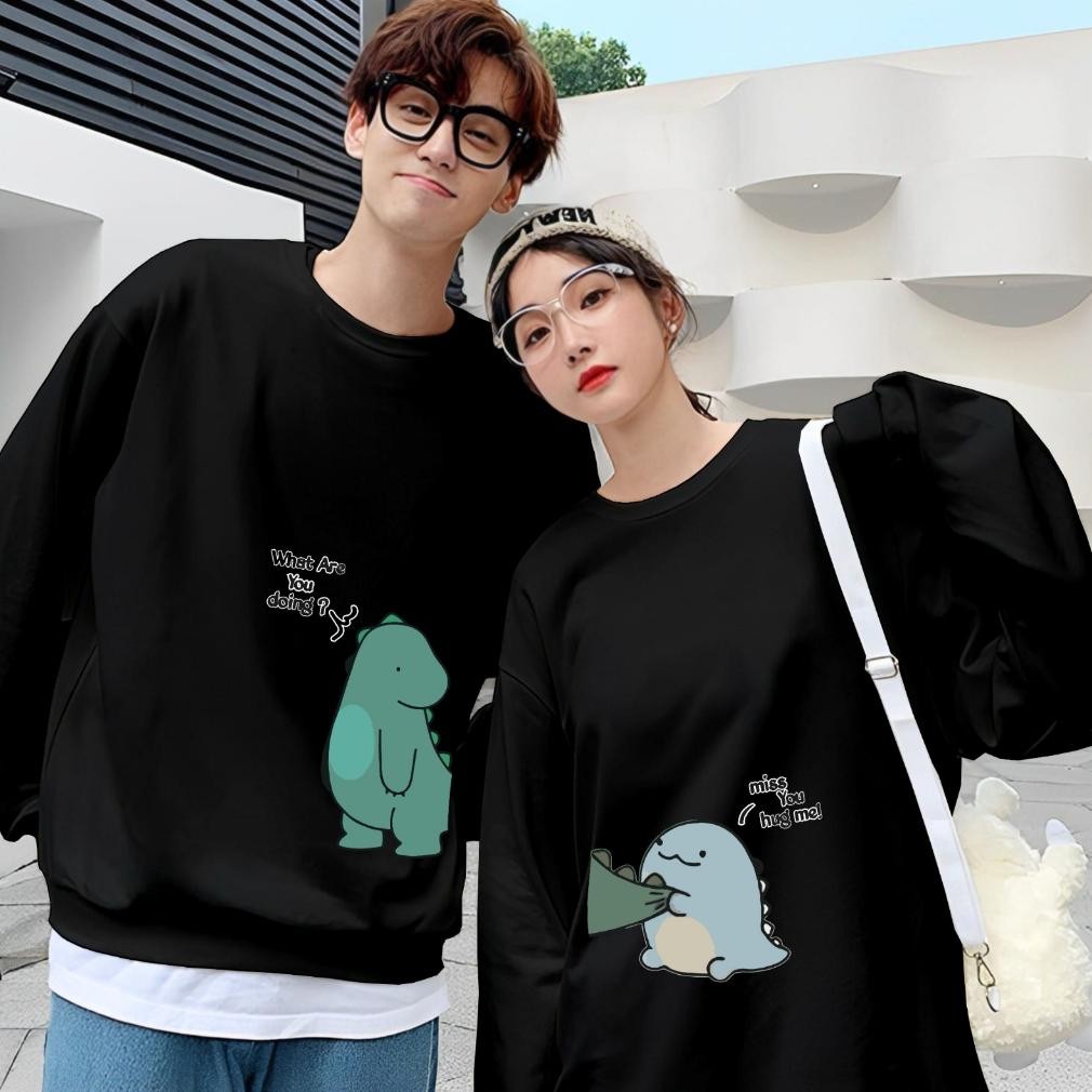 Kaos Couple Pasangan Dino Kaos Pria Wanita Lengan Panjang Bahan Baby Terry Premiumkaos Kapelan