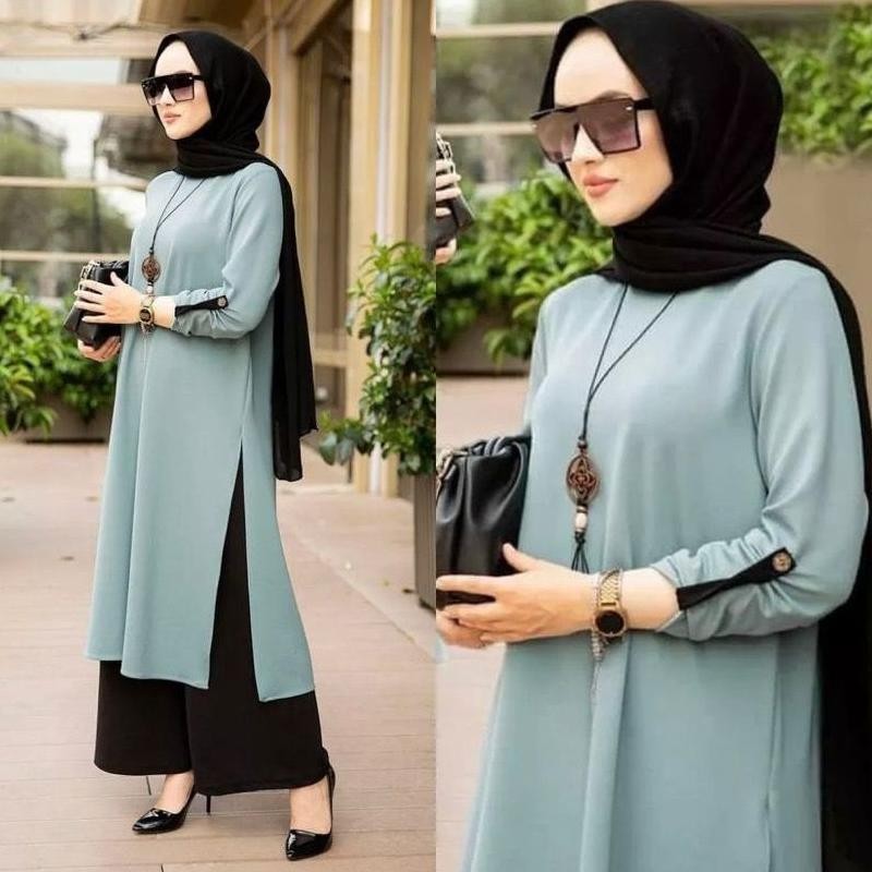 Zanzea Setelan Tunik Jumbo Muslimah Womens Muslim Dubai Lengan Panjang Koktail Prom Gown Panjang Pan