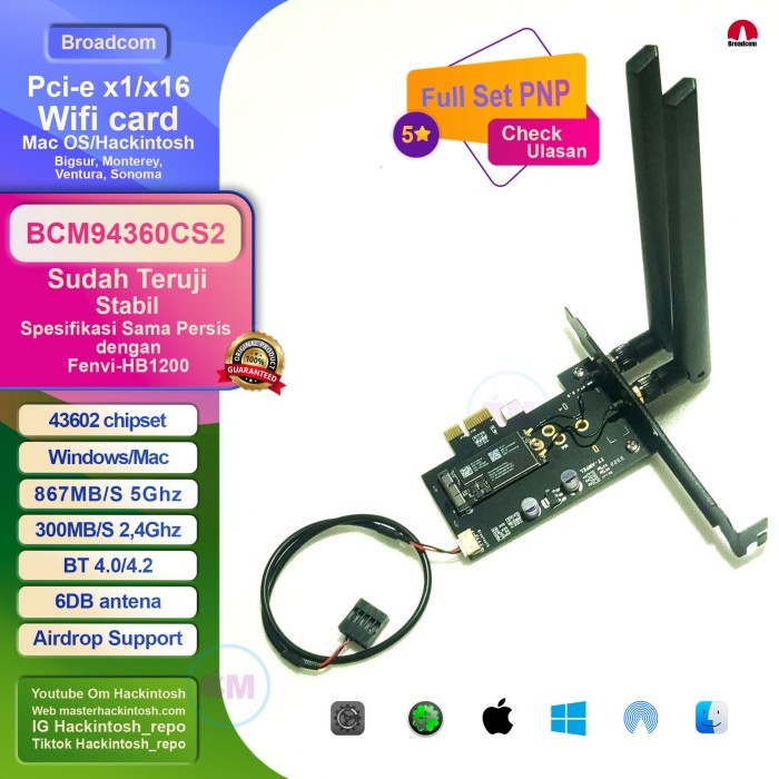 BCM94360 CS2 wifi card hackintosh macos windows