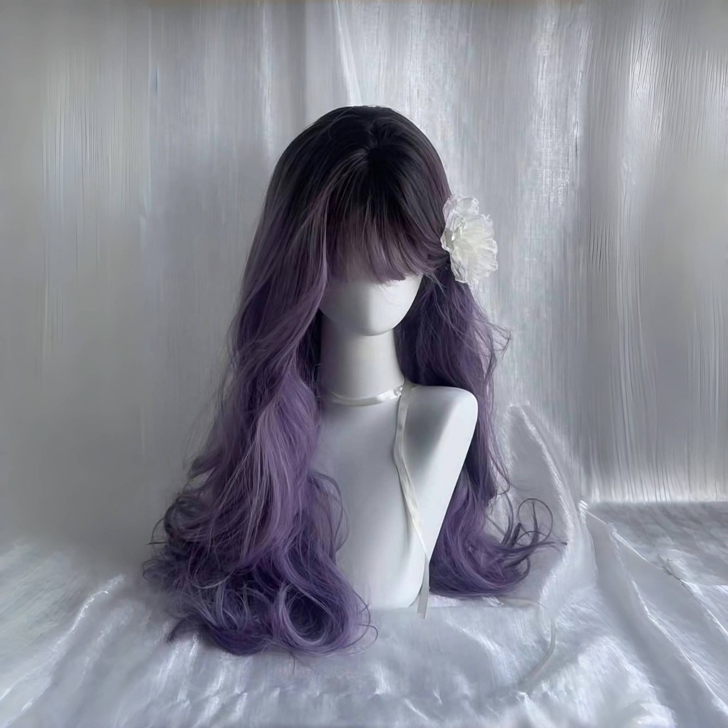 【Bunga Wisteria】Wig Wanita Rambut Panjang, Wig Gaya Kepala Penuh Ungu Muda cos Rambut Buatan Keritin