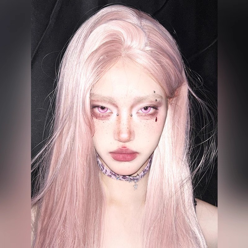 Renda Depan Wig Rajutan Tengah Wanita Wig Kepala Penuh Panjang Rambut Lurus Merah Muda Barbie Lucu l