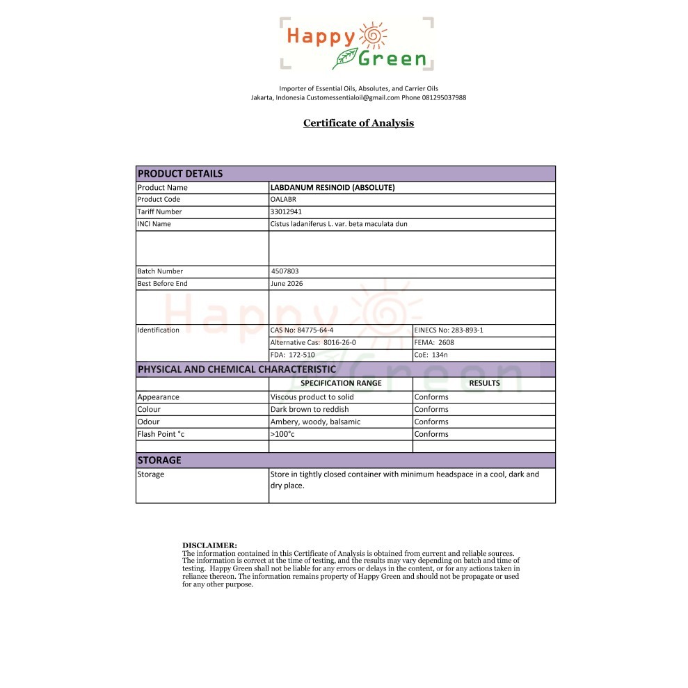 

Happy Green Labdanum Cistus Absolute (10 ml) - Minyak Cistus 100% Murn