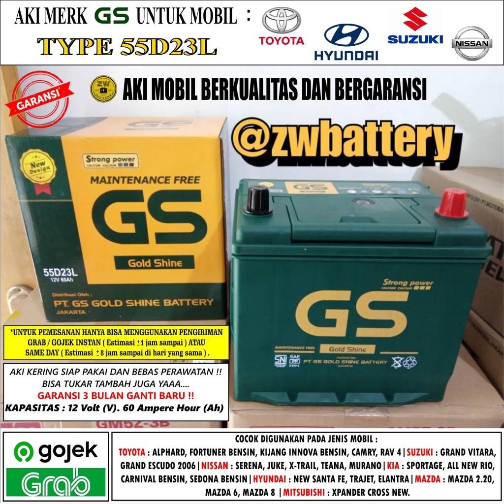 Aki Mobil 55D23L Gs Mf 12 Volt 60 Ampere Aki Kering