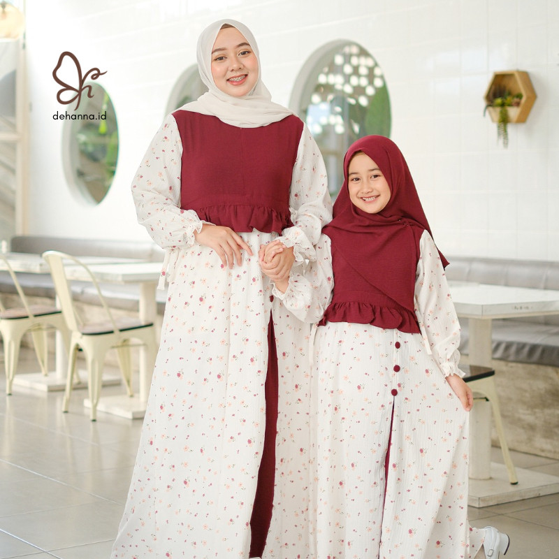 PROMO RAMADHAN Gamis Couple Ibu dan Anak Perempuan Bahan Crinkle Motif Kombinasi Polos Terbaru