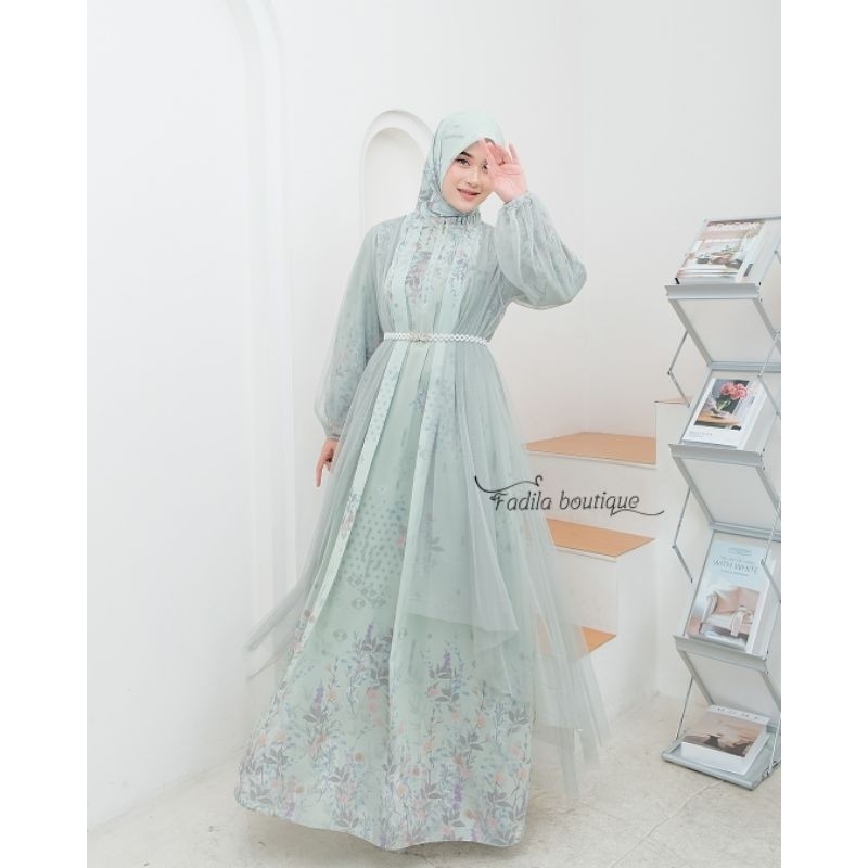 2.2 Divia Four In one Gamis Outher Tile Mix Hijab Free Belt Mutiara