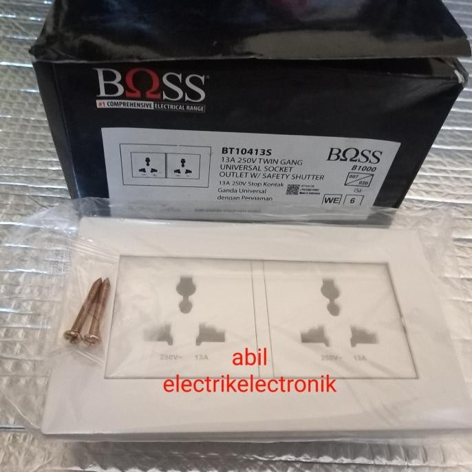 TERMURAH STOP KONTAK UNIVERSAL 2GANG TIPE-BT10413S B1000 13AMPER 250V MERK BOSS